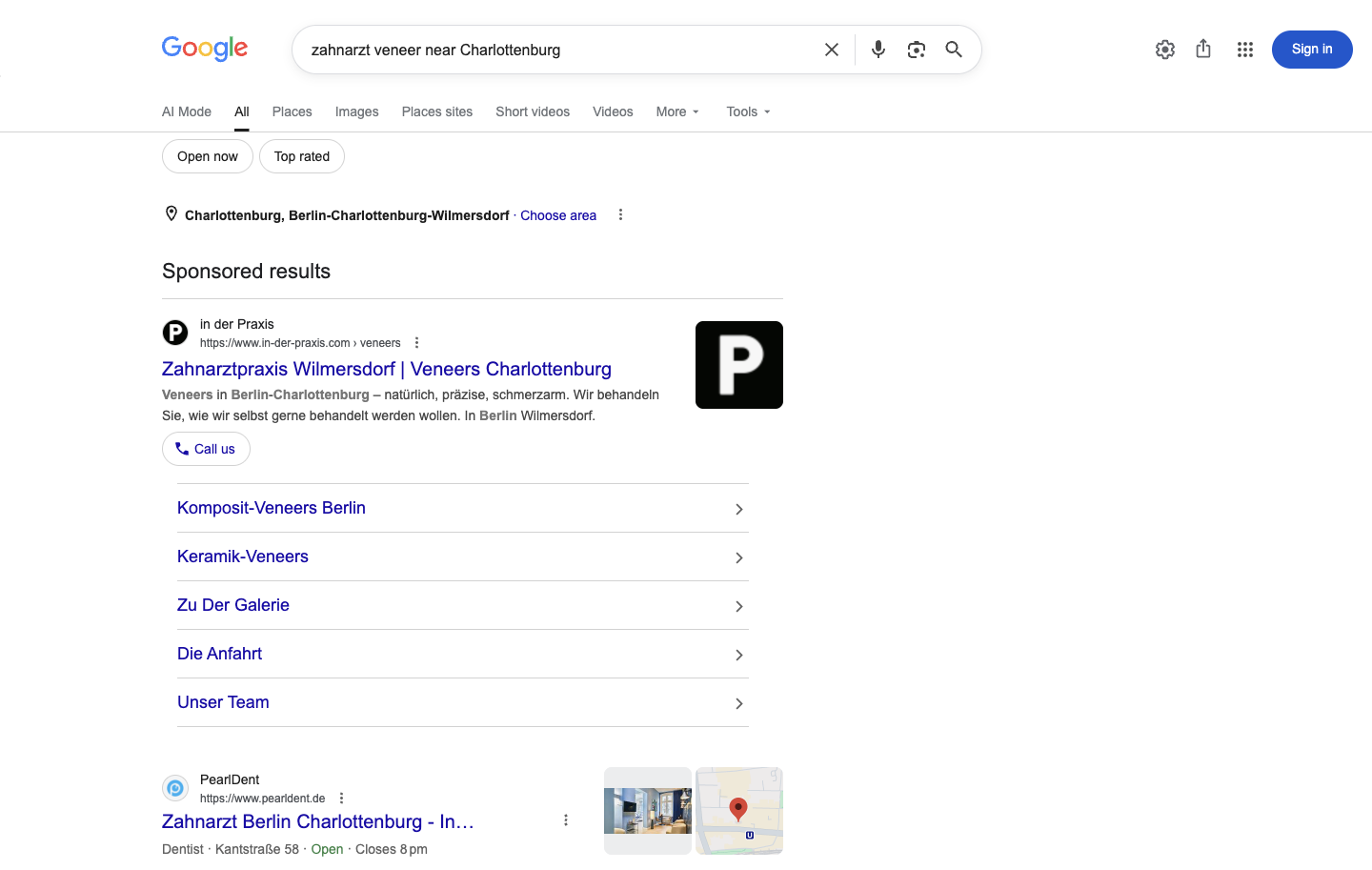 Echte Google-Suchergebnisse für eine Zahnbehandlung in Berlin